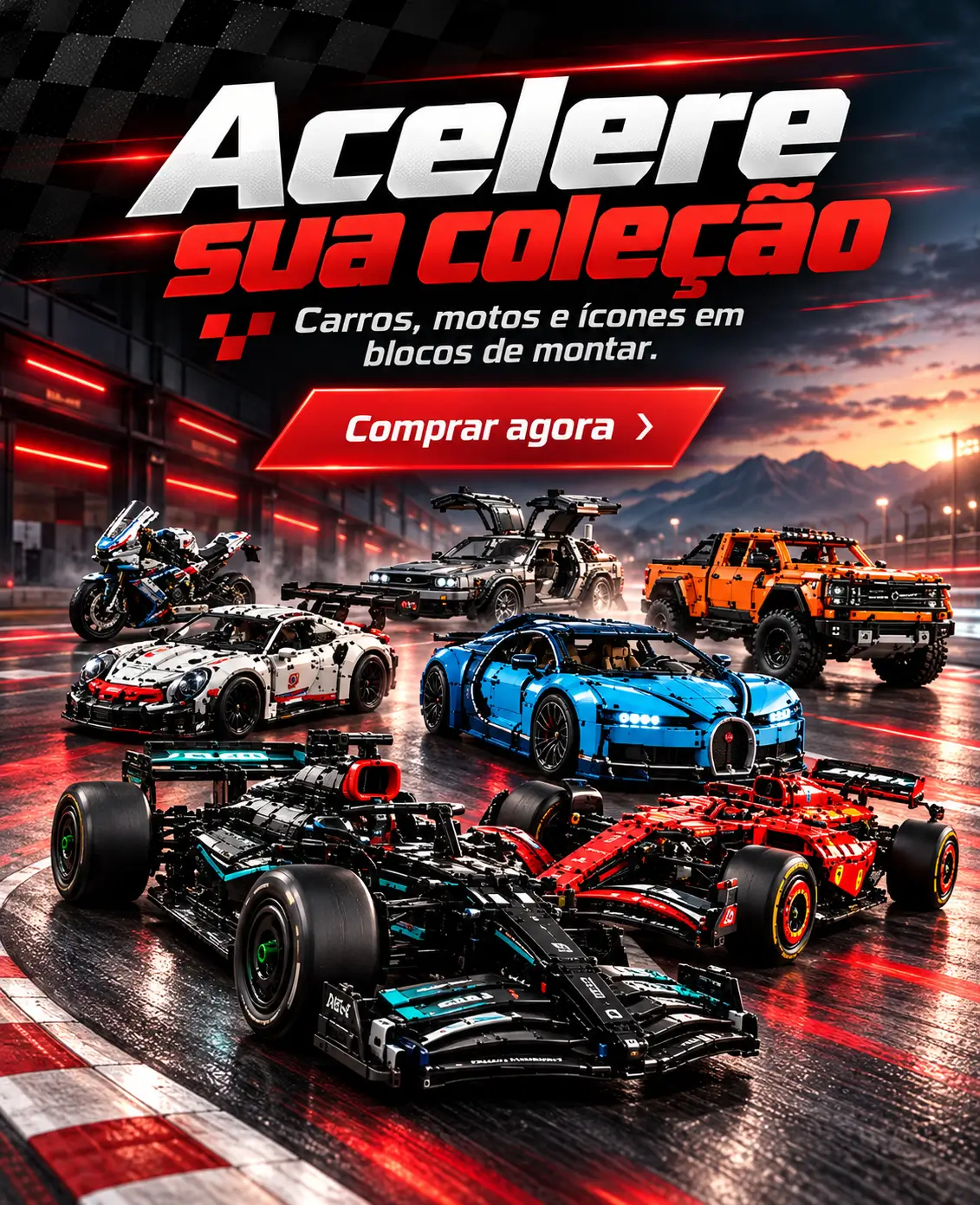 Acelere sua coleção: carros, motos e ícones em blocos de montar.